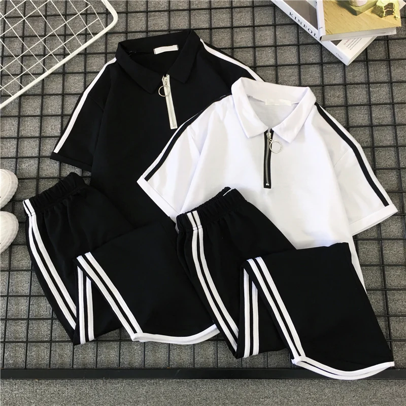 

2 Piece Set Women Striped Casual Streetwear Zipper Sport Tracksuit Women Tops T-shirt +pants Harajuku Women Two Piece Outfits