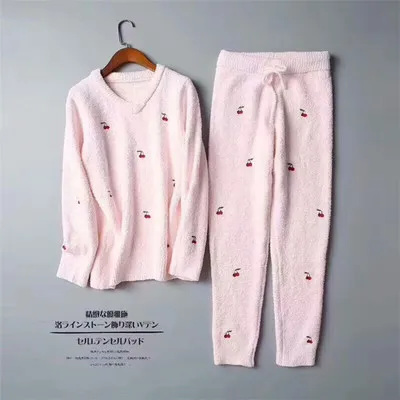 New Super Sweet Japanese Soft Downy Suit Thicken Women's Winter Cute Cherry Embroidery Soft Flannel Warm Pajamas Sleepwear Set - Color: roses