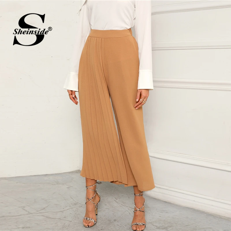 Sheinside Khaki Elegant Pleated Panel Wide Leg Pants Women 2019 Spring