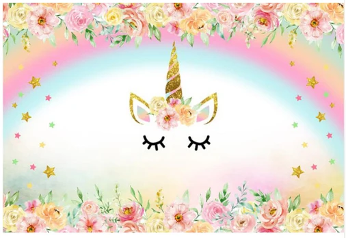 

7x5FT Light Pink Floral Flowers Rainbow Gold Unicorn Horn Face Stars Custom Photo Studio Backdrop Background Vinyl 220cm x 150cm