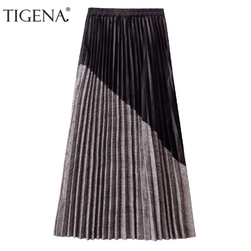 Beste TIGENA Nieuwkomers Patchwork Suede Geplooide Rokken Vrouwen 2018 Herfst Winter Hoge Taille Vintage Plaid Lange Maxi Rok Vrouwelijke