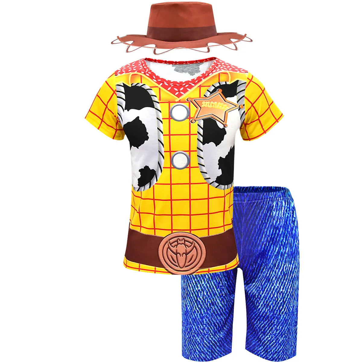 Boys T-shirt+pants Anime Toy Story 4 Woody Cosplay Costume Kids Clothes Cowgirl Short sleeve Set Halloween Carnival Party Suit - Цвет: FZ1675-cap