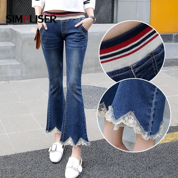 

Lace Flared Jeans Pants Women Elastic High Waist Denim Blue Trousers Plus Size 32 Ripped Jeans Capri Pants Femme Pantalon 2019