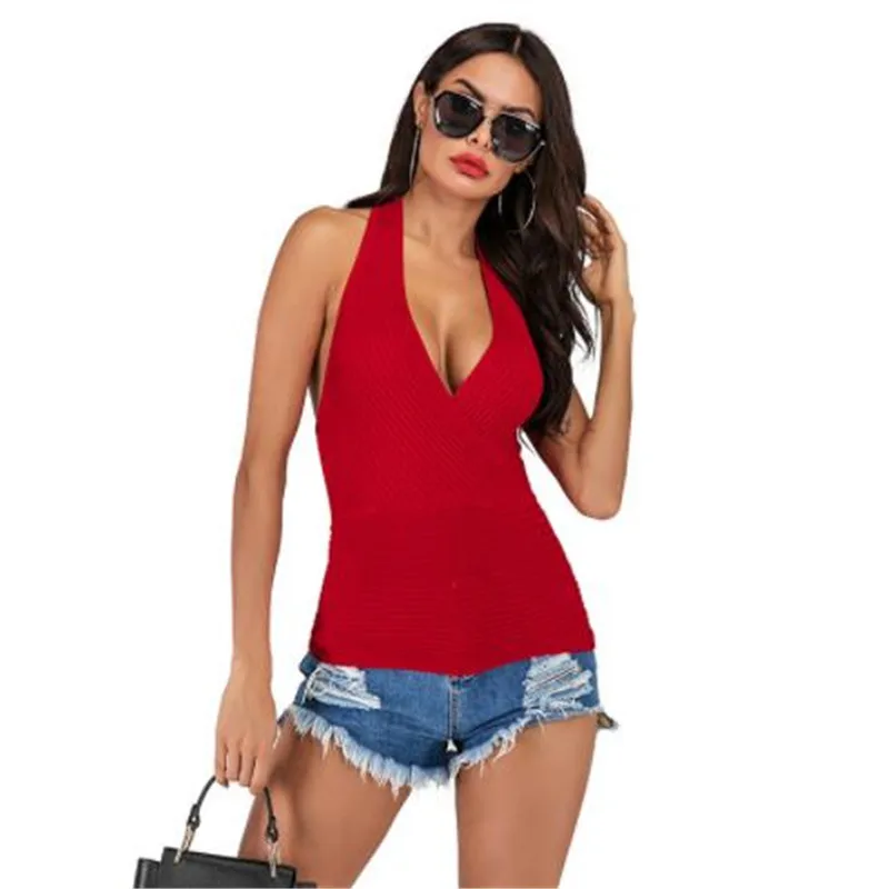 

YYFS Womens Summer Designer Tanks V Neck Backless Hanging Collar Solid Color Female Clothing Fashion Style Casual Apparel