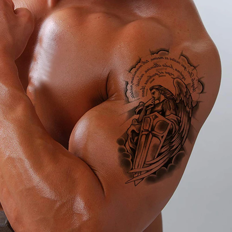 Воин Крылья Ангела крест Временные татуировки, набор из 1, распятие, боди-арт, мужские, женские