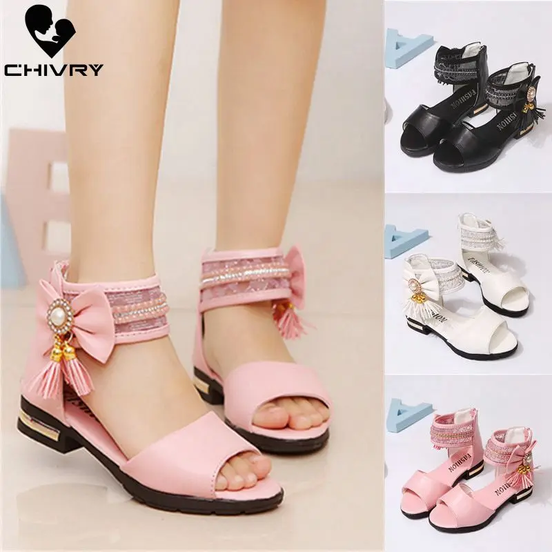 

Chivry New 2019 Summer Girls Sandals Fashion Bowknot Zip Back Princess Girls Shoes Children Kids High Heel Party Sandals Shoes