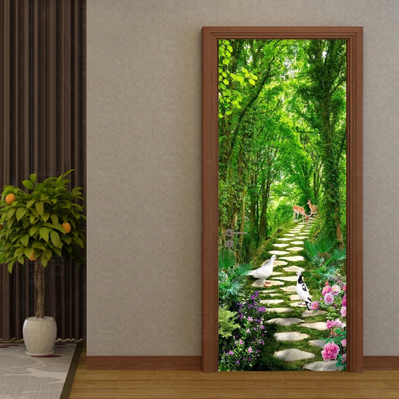 Us 1428 36 Di Sconto2 Pezziset Adesivi Per Porte 3d Verde Foresta Colomba Cervo Path Paesaggio Carta Da Parati Del Salotto Pvc Di Auto Adesivo Di