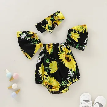 

Baby girl Summer Print Flower Casual Jumpsuits Baby Girl Sunflower Printing Rompers Kids Toddler