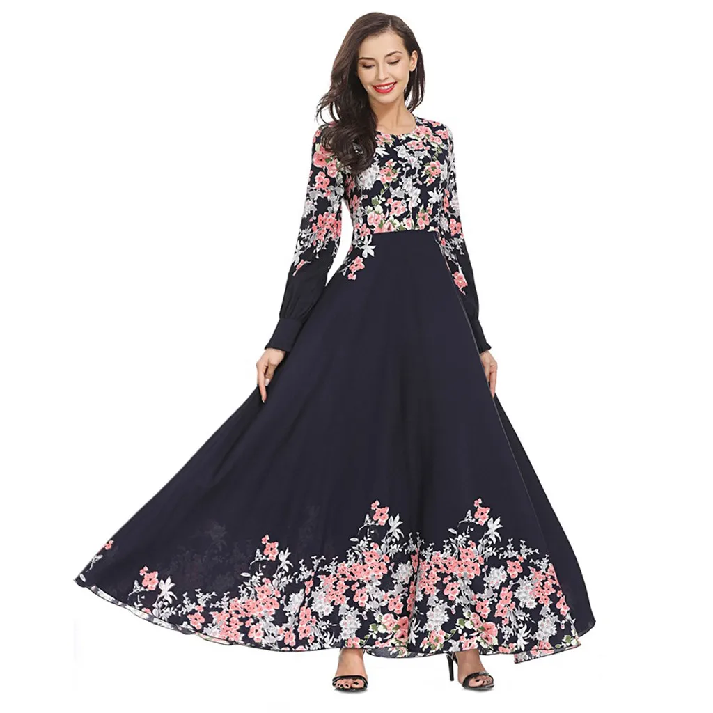 

CHAMSGEND Muslim Womens Dress Elegant Arab Lady Summer Fashion Loose Robes Long Sleeve Plus Size Girls Party Home Dresses L0411
