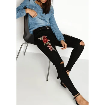 

Spring Autumn Women Skinny Jeans Embroidery Pants High Waist Holes Casual Jeans Denim Pencil Pants Long Female Bottom SJ828Y