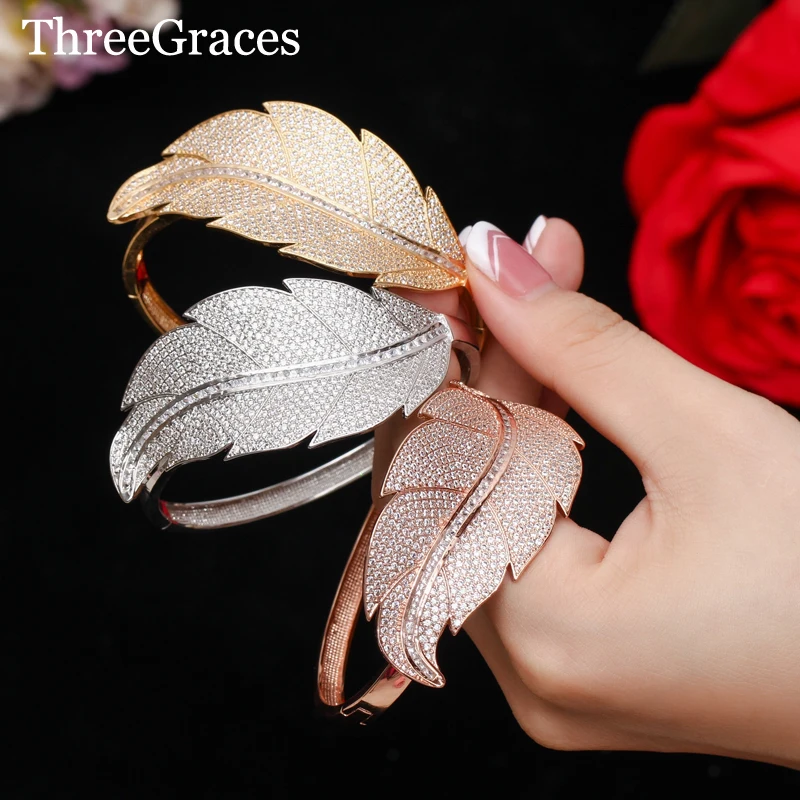 

ThreeGraces Trendy Large Leaf Shaped High Quality Gold Color CZ Crystal Wedding Open Cuff Bangles for Brides Jewelry BA001