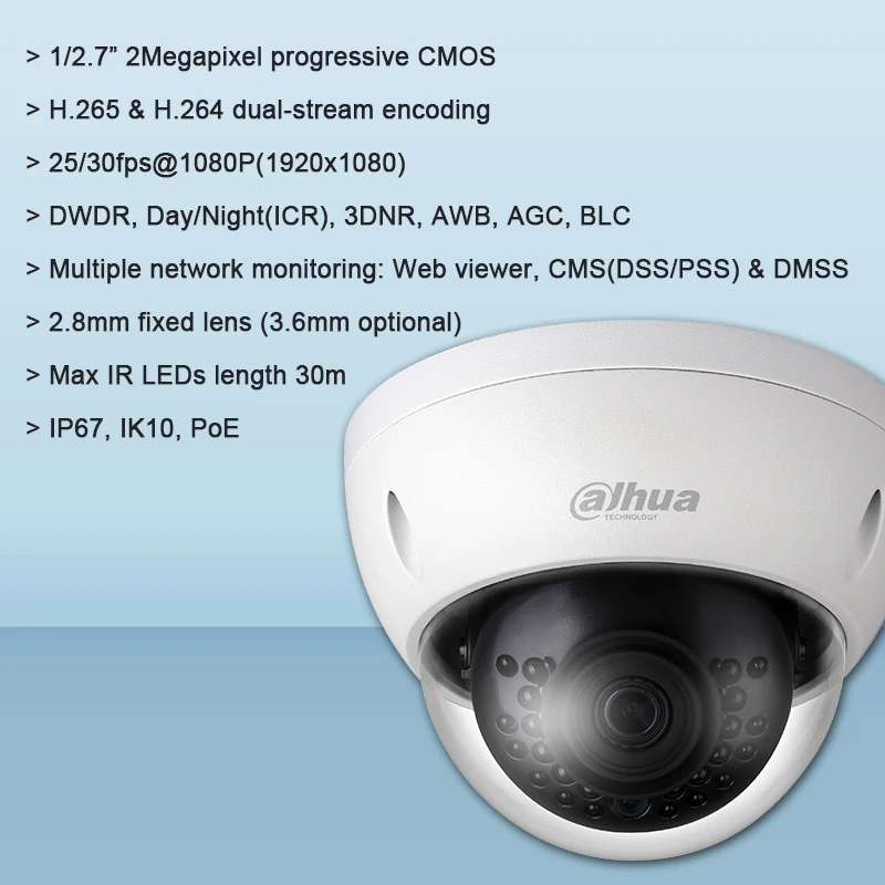 Dahua IPC HDBW1230E 2 мегапиксельная купольная ip камера IR30m POE H.265 IP67 IK10 сетевая