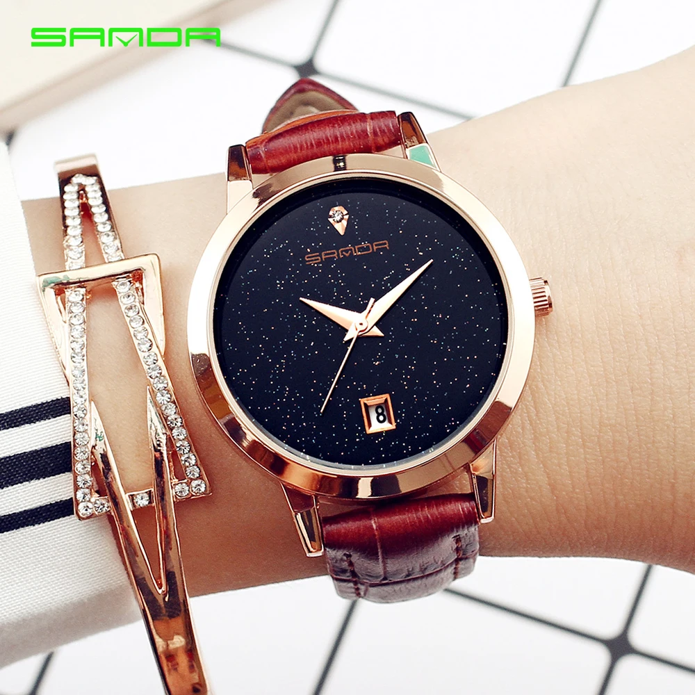 

Top level Fashion Dials SANDA Women's Watches Luxury Gold Leather Women's Watches Women's Fashion Calendar relogio feminino