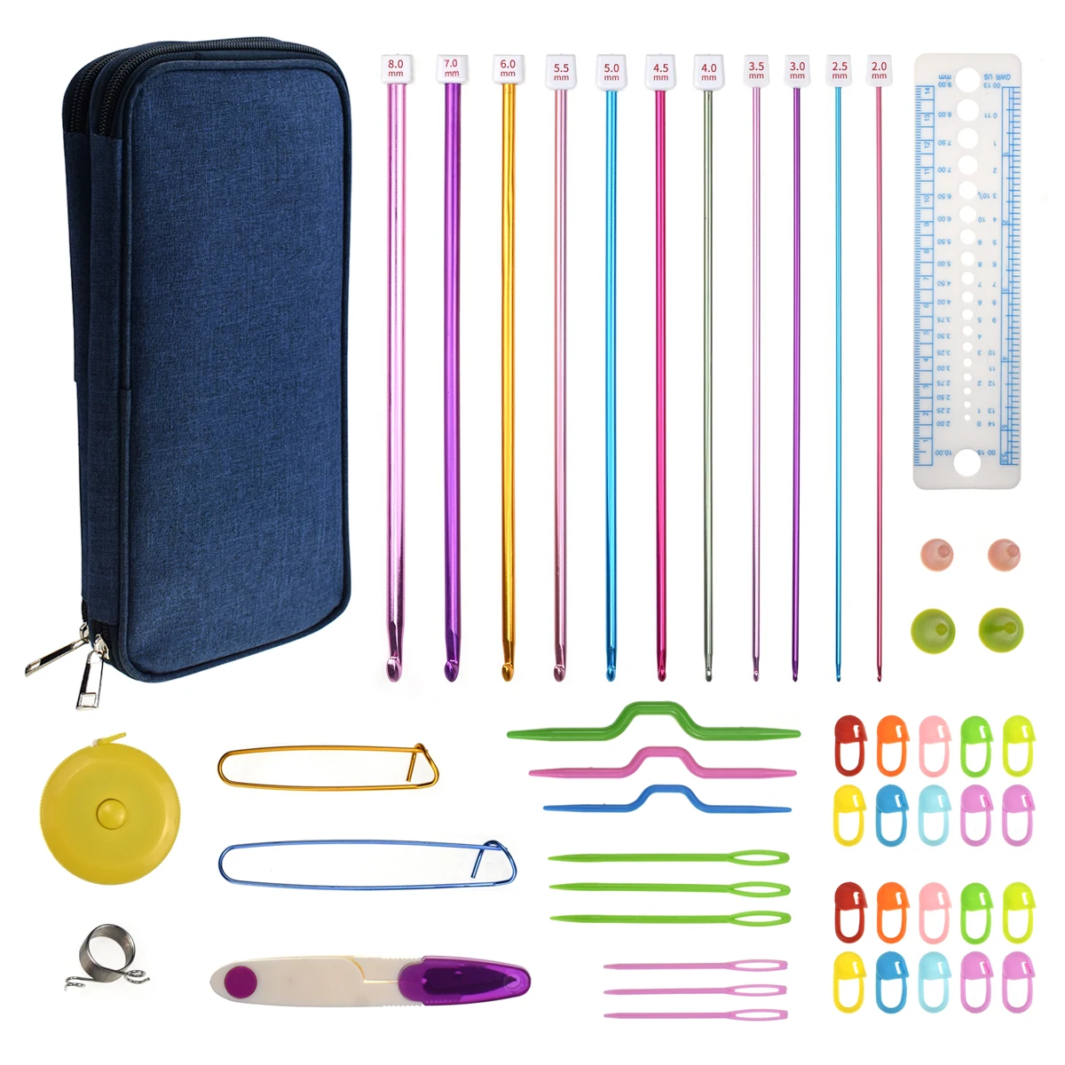 

11pcs Tunisian Afghan Crochet Hooks Set Mix 2mm-8mm Aluminum Knitting Needles Set Sewing Tools Kit with Blue Case for Beginners