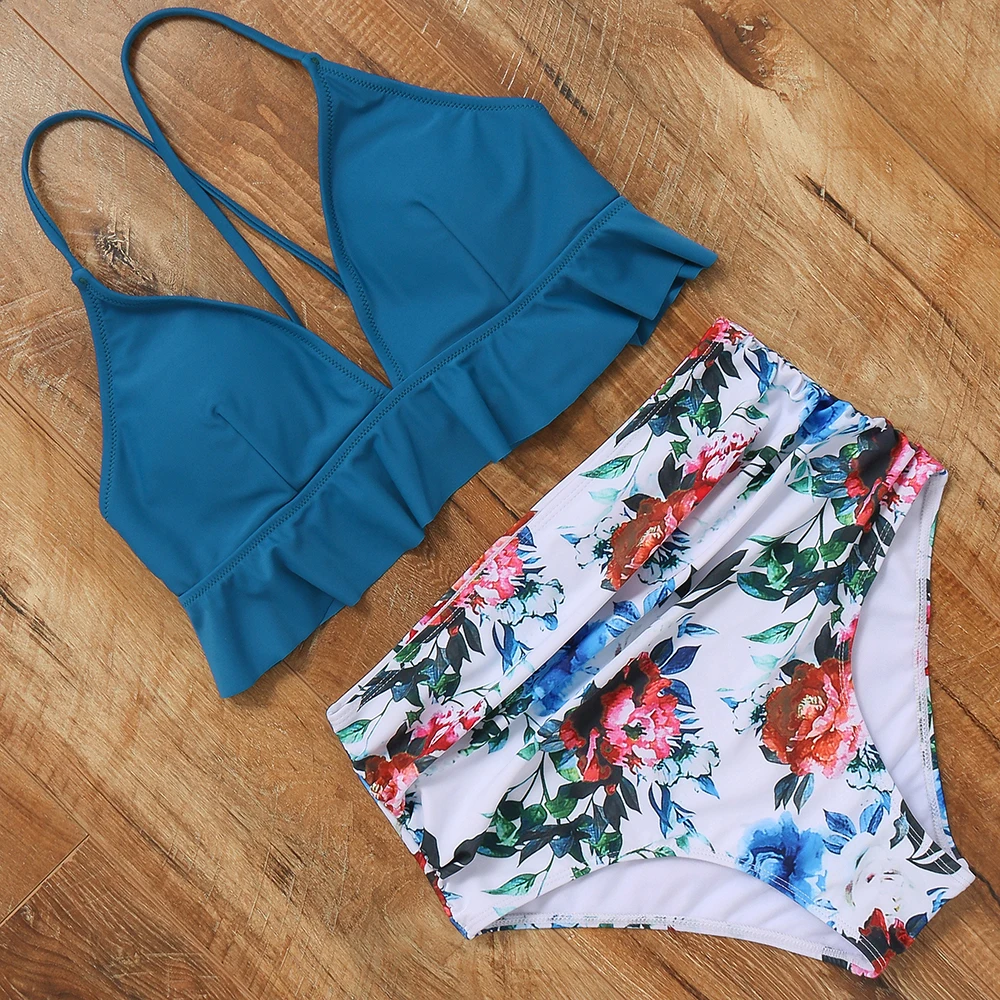 

sexy high waisted swimsuit push up bikini 2019 halter top bathing suit women ruffle swimwear female bandage mayo mailloe de bain