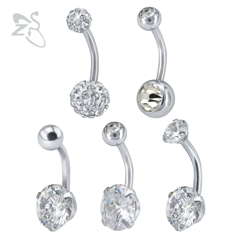 Zs 5pcs/lot Stainless Steel Navel & Bell Button Rings Crystal Belly