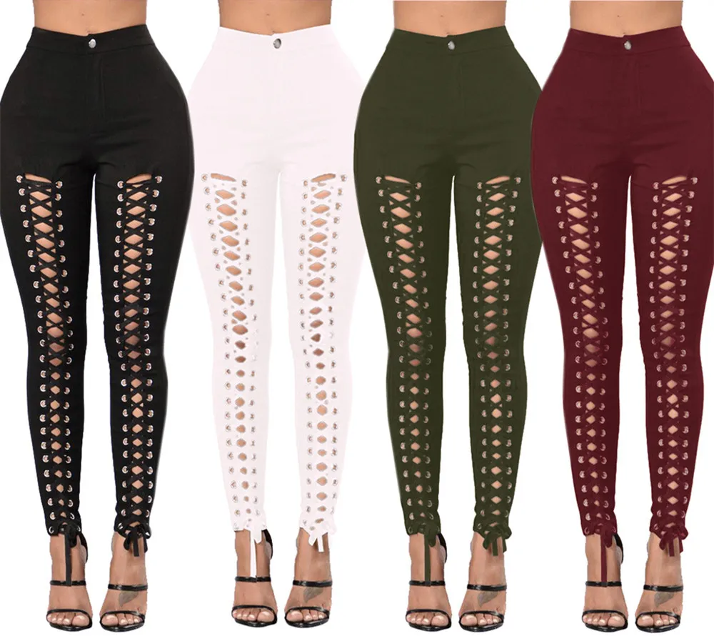 

Front Lace Up Jeans Woman Plus Size High Waist Jeans Stretchy Bandage Eyelet Denim Jeans For Women Junior Sexy Hollow Out Pencil