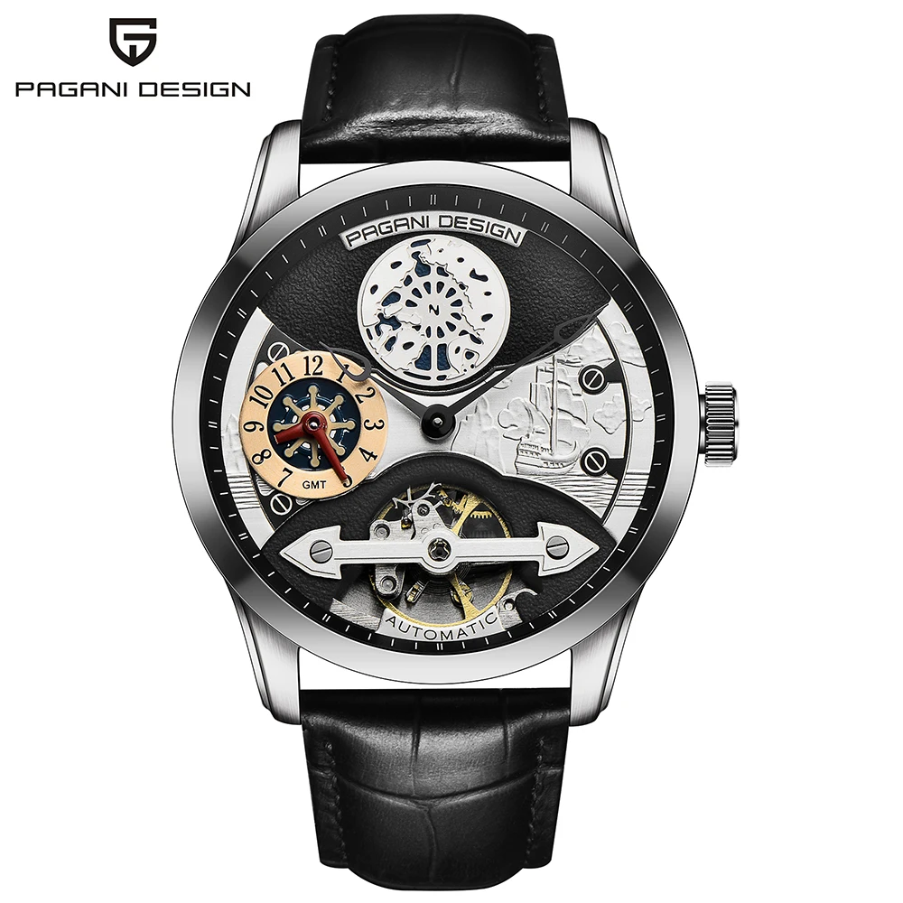 Новая мода PAGANI кожа Tourbillon часы люксовый бренд автоматические Мужские часы Мужские механические стальные часы Relogio Masculino - Цвет: black silver black B