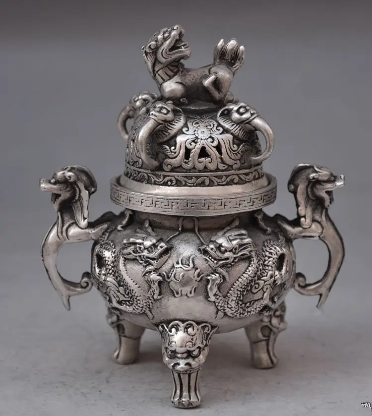 

Chinese buddhist manual old silver copper dragon lion statues incense burner decoration metal handicraft