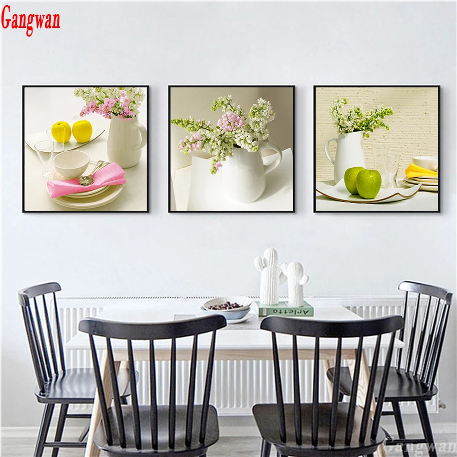 

Modular Picture 5D Diamond Embroidery Fruit Flowers Vase tableware diamond painting Nordic Style 3 pcs Kitchen Decor mosaic art