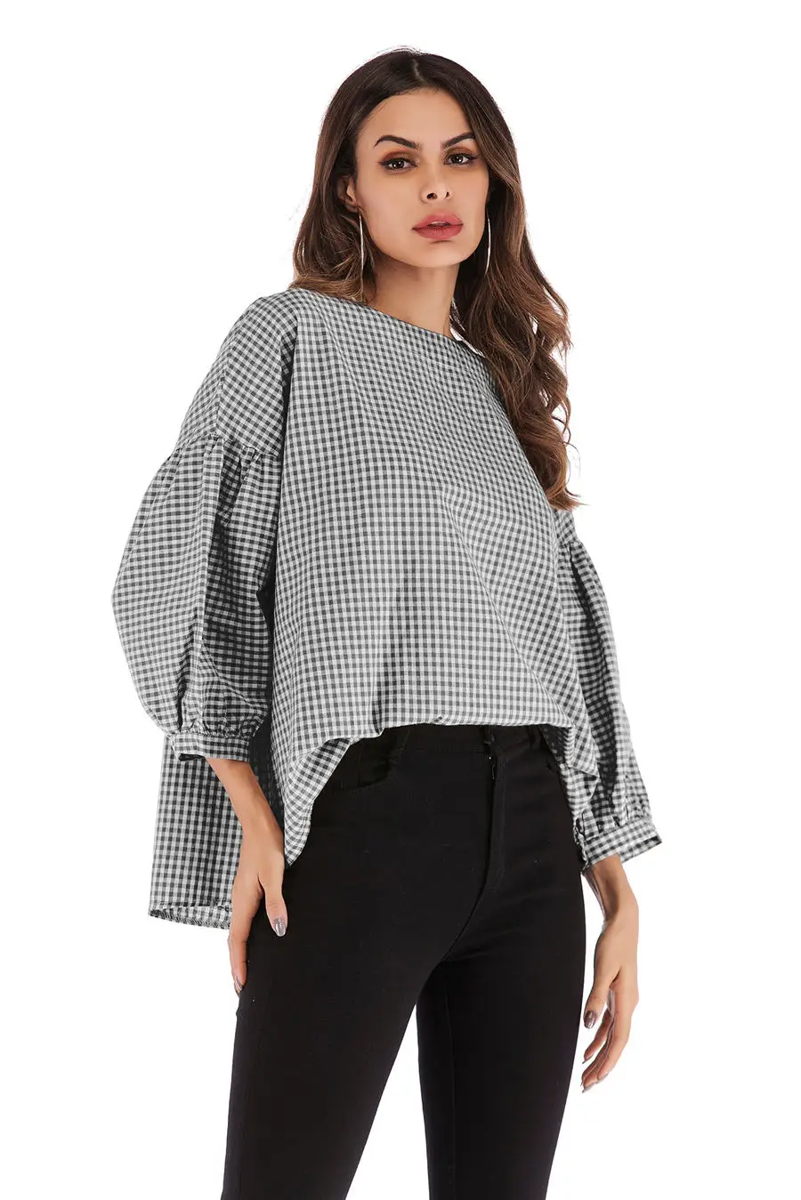 Gladiolus New 2019 Spring Plaid Shirt Women Puff Sleeve O Neck Button Loose Blouse Women Shirts Summer Casual Ladies Shirt Tops (18)