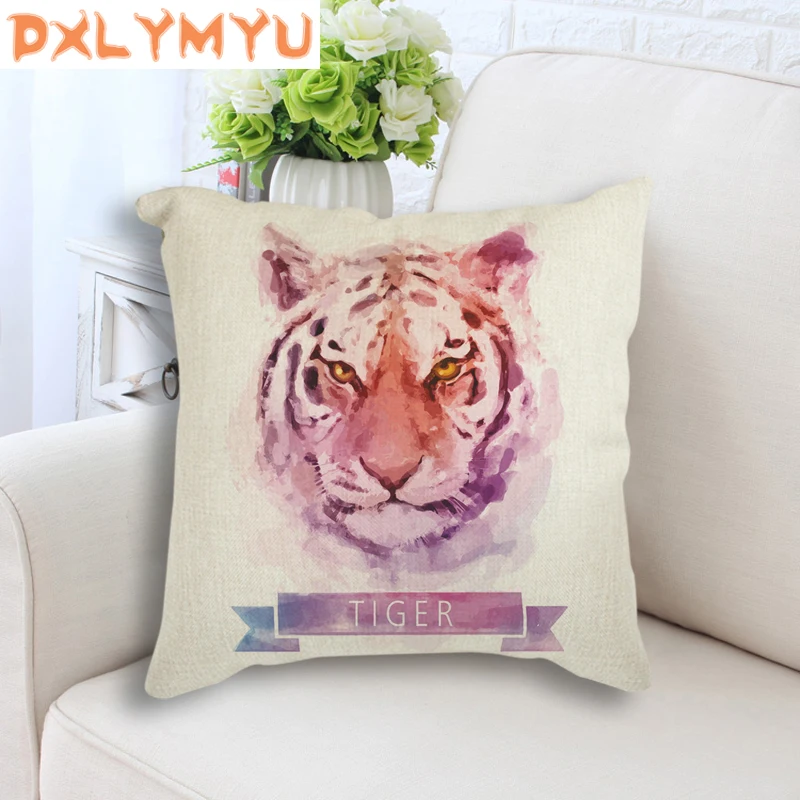 

Tiger Wolf Linen Cushion Cute Pillow Sofa Waist Throw Cushion Watercolor Animal Decorative Cushion for Sofa Home Car Decor