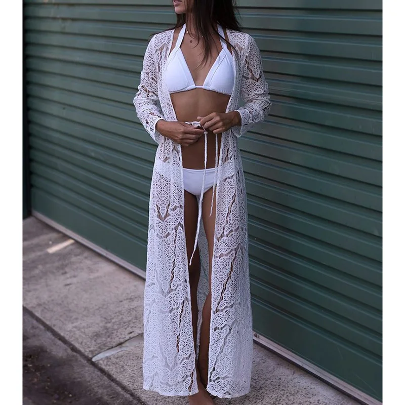 

Beach Cover up Women Lace Crochet Bikini Long Cover up Pareos Para playa Tunics for Beach Robe de Plag Bathing suit Cover ups