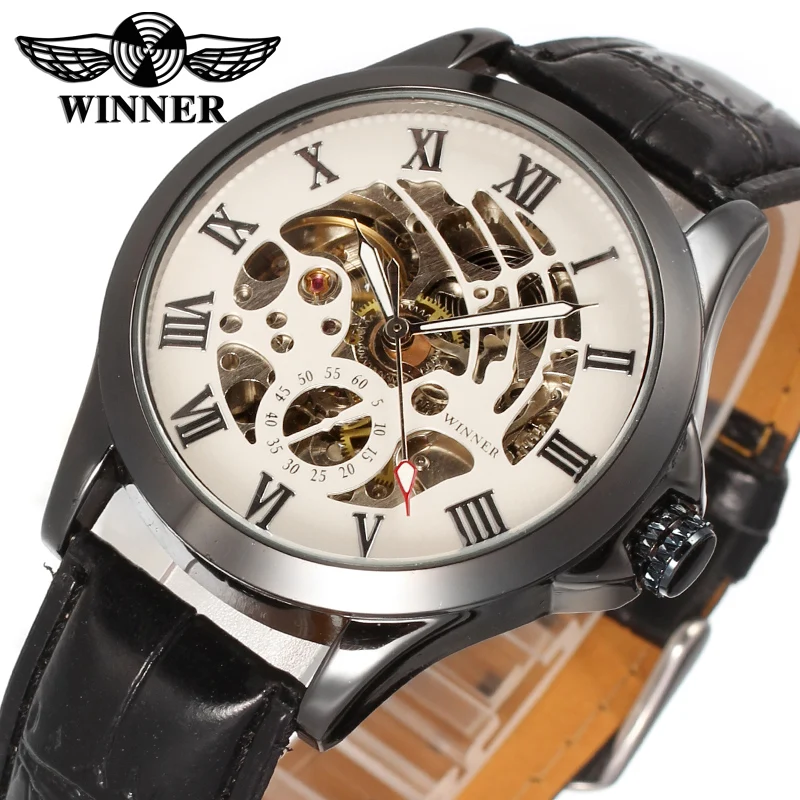 

Fashion WINNER Men Brand Roman Number Casual Skeleton Leather Watch Automatic Mechanical Wristwatches Gift Box Relogio Releges
