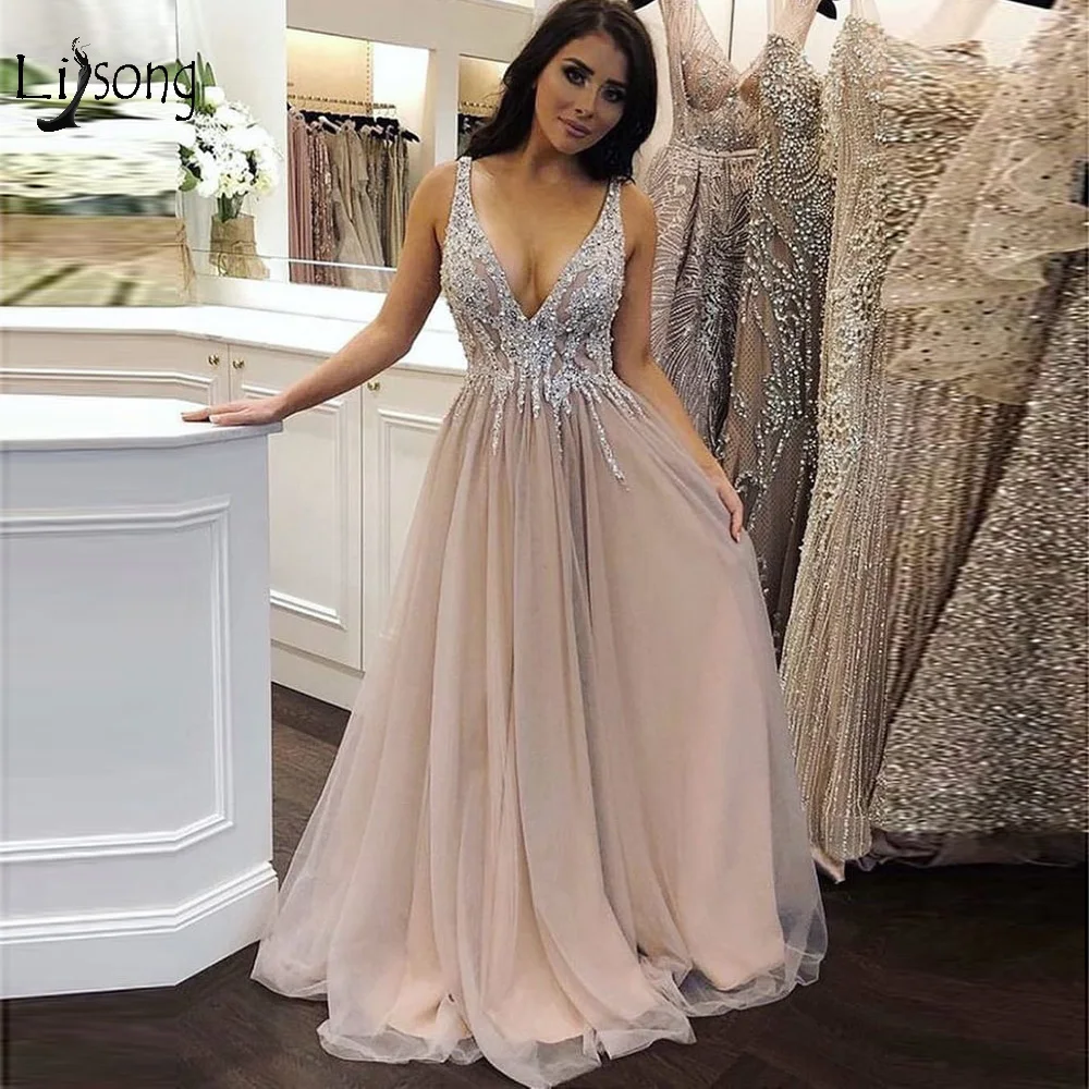 

Abendkleider 2019 Blush Pink Crystal Long Tulle Evening Dresses Beaded Lace A-line Sexy Prom Gowns Custom Made Party Dress