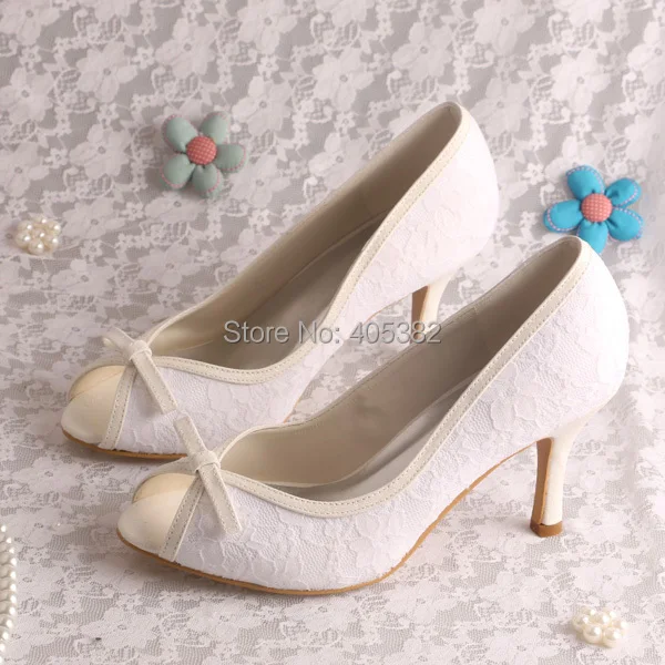 

Wedopus Shoes Woman High Heel Pumps for Wedding Bridal Off White Lace Peep Toes
