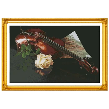

e Violin and White Rose Counted Cross Stitch 11 14CT Cross Stitch Set Chinese Cross-stitch Kit Embroidery Needlework