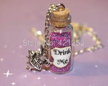

12pcs Alice in Wonderland Drink Me Bottle Necklace in Psychedelic with a Rabbit Charm necklace