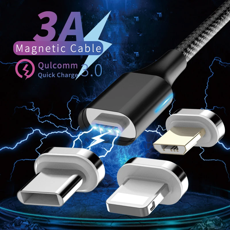 Магнитный USB кабель 3A Type C Micro для быстрой зарядки магнитное зарядное устройство iOS