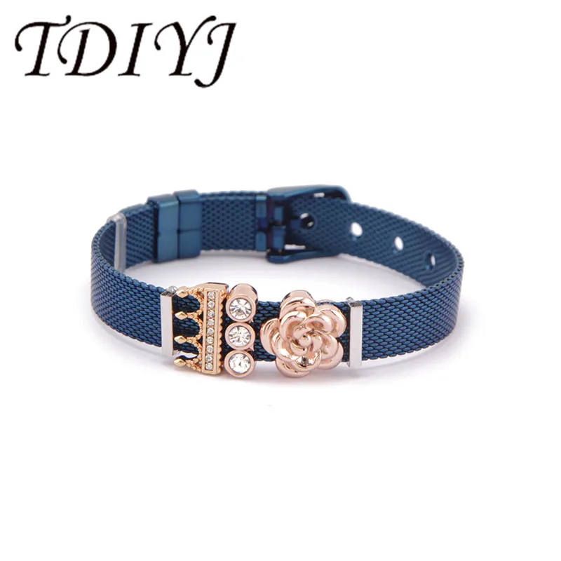 

TDIYJ Flower Crystal Princess Queen Crown Charms DIY Stainless Steel Mesh Blue Bracelet Girl Friend Women Men Gift 1Set