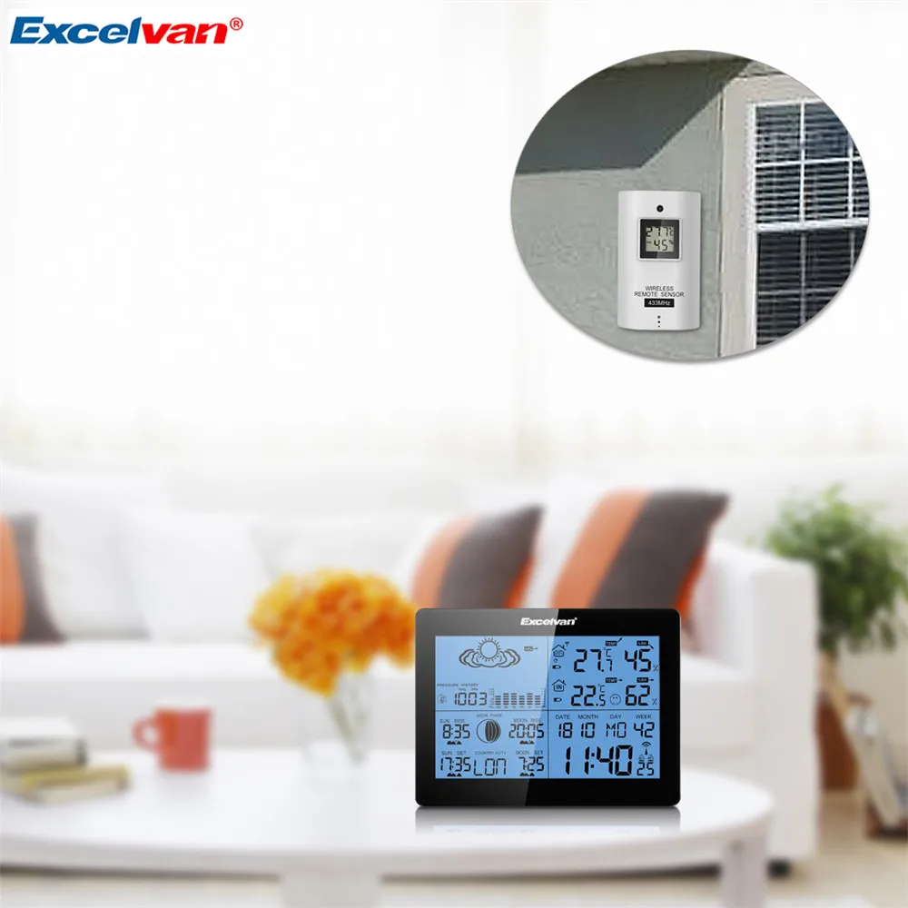 EXCELVAN Wireless Thermometer Hygrometer Weather Station Forecast Temperature Humidity Tester Clock Alarm Indoor Outdoor Clock1
