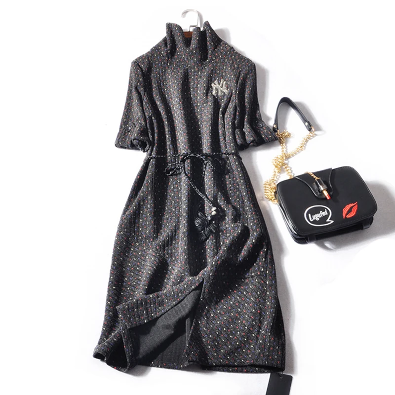 Knit Dress 2018 Women Autumn Fashion Brief Stand Collar Embroidery