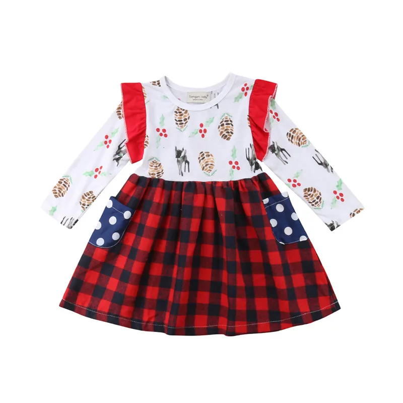 

Brand New 2018 Christmas Kids Baby Girls Dress Xmas Ruffle Cotton Plaid Party Tutu Dress Casual Clothes