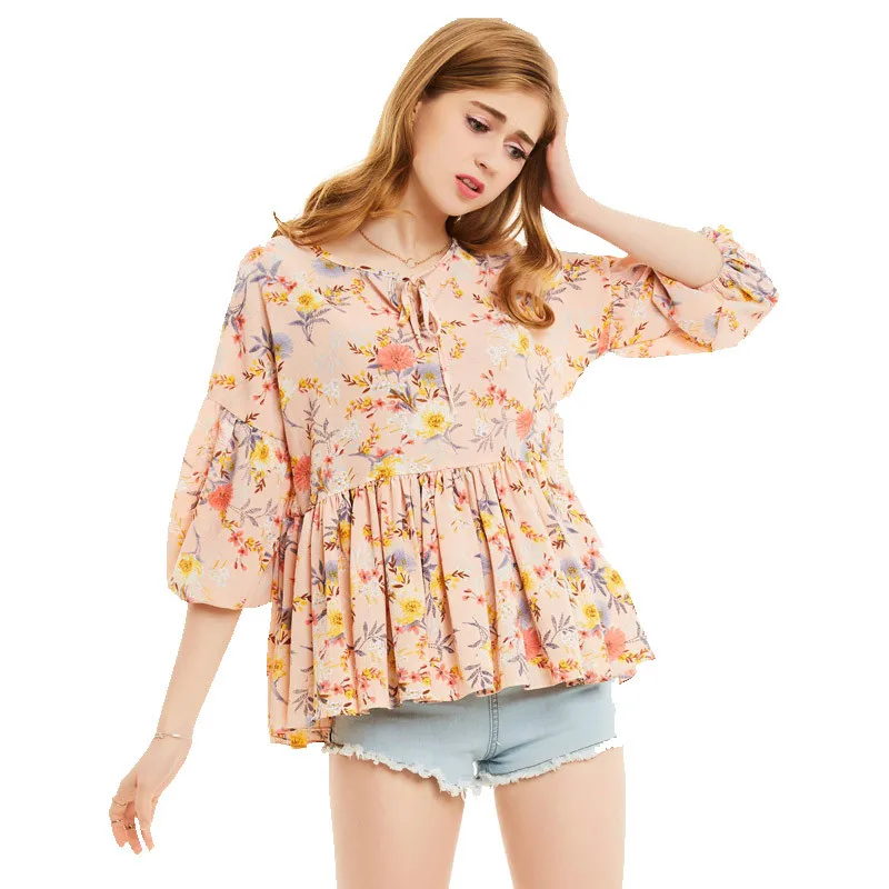 Young17 Summer Women Print Shirts Round 3/4 Lantern Sleeve Floral Print