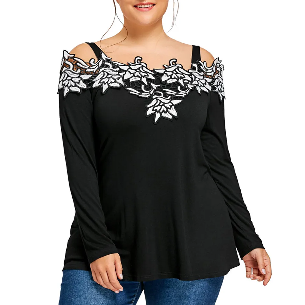 

Free Ostrich Plus Size Embroidered Cold Shoulder T-shirt Solid Floral Long Sleeve Women Tops Autumn T-shirts 2019 Big Size C1535