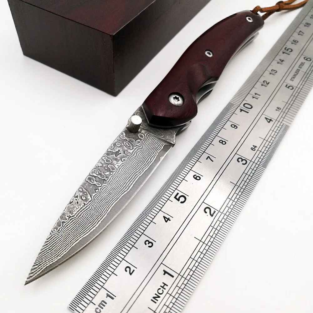 

JSSQ Pocket Folding Knife Damascus Blade Rosewood Handle Camping Hunting Tactical Mini Knives EDC Survival Utility Tool Keychain