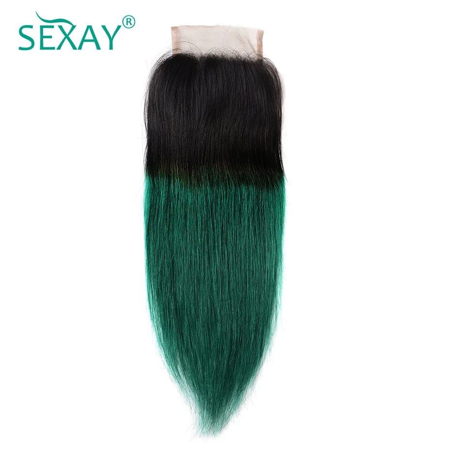 Sexay 4*4, бразильские прямые волосы, двухцветные волосы цвета Омбре 1B/зеленые человеческие волосы, кружевная застежка с детскими волосами, 1 шт