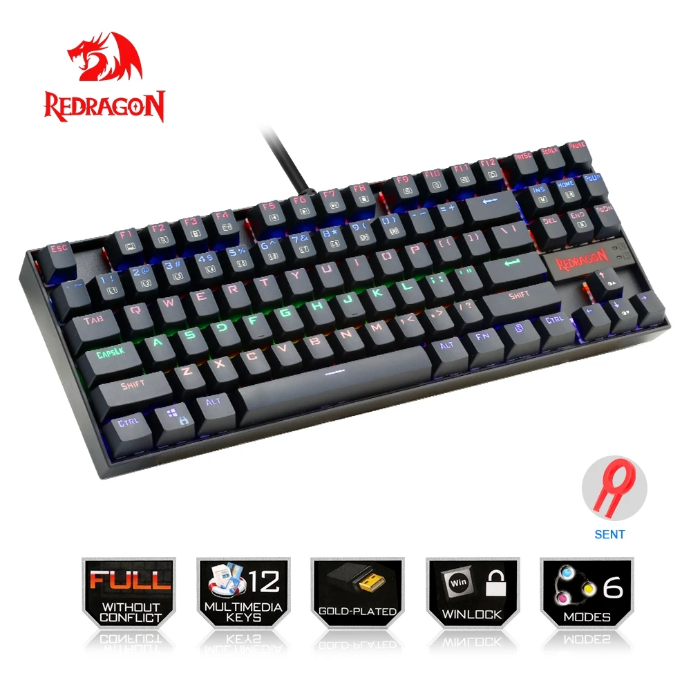 

Redragon Rainbow USB mechanical gaming keyboard ergonomic LED backlit keys PC Computer Game Full key anti-ghosting 87 keys wired