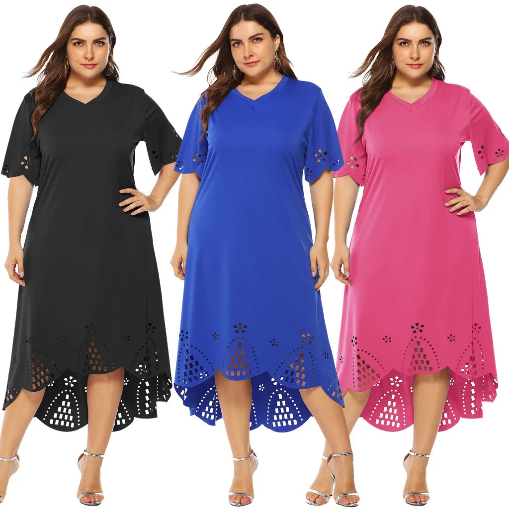 

dress women Plus Size Casual V Neck Short Sleeve Mid Calf Dress Party Dress vestidos de fiesta de noche largos talla grandes #3P