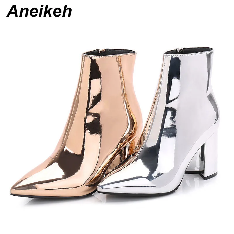 

Aneikeh Gold Glittering Women Ankle Boots Pointed Light Gold PU Pointed Toe Square Heels Sequined Spring Autumn Ankle Boots