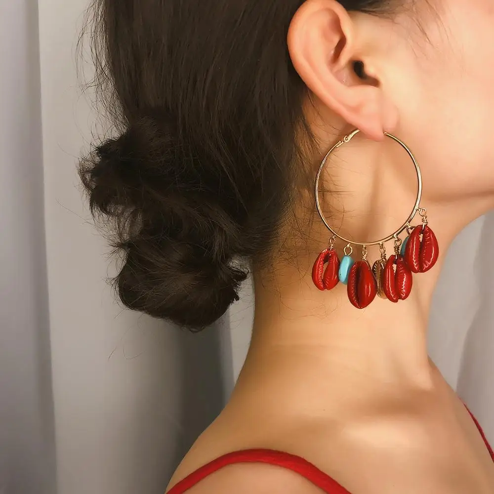 

2019 New Stylish Occident Brand Gold Blue Red Shell Dangle Earrings Geometric Statement Earring for Women Party Jewelry Gift