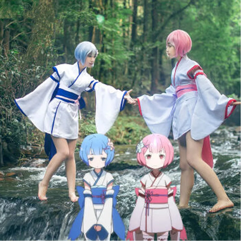 

Re: Zero kara Hajimeru Isekai Seikatsu Ram Rem Twins Childhood Kimono Dress Women Girls Halloween Cosplay Costumes