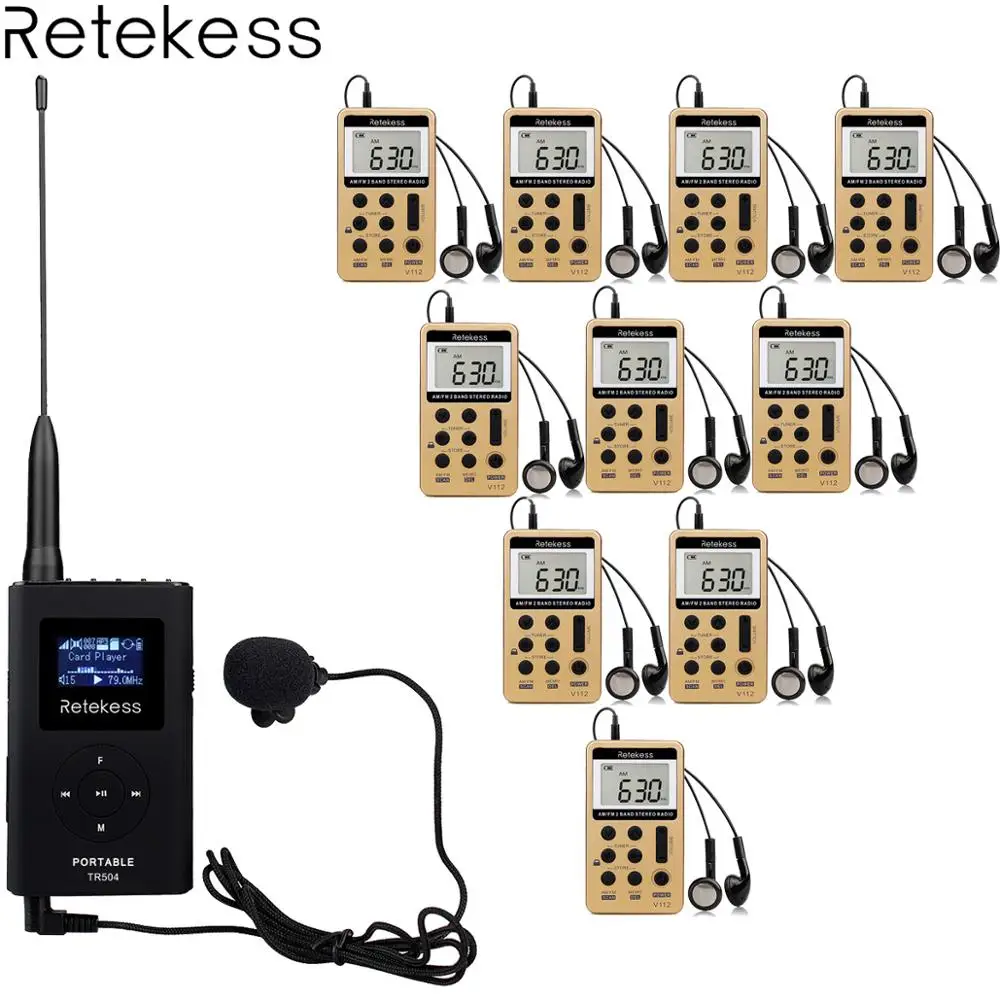 

TR504 0.6W FM Transmitter + 10pcs V112 FM Radio Receiver Wireless Tour Guide System Guiding Church Meeting Translation System