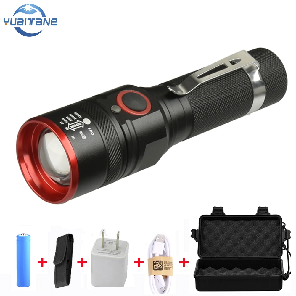 

USB Rechargeable Flashlights T6 Lamp Beads Led Flashlight Zoomable 3 Modes 8000 Lumen LED Torch for 18650 with USB Cable Camping