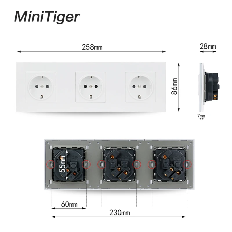 Minitiger Белая стена ПК Панель 3 способ питания розетка заземленная, 16A стандарт ЕС электрическая тройная розетка 258 мм* 86 мм