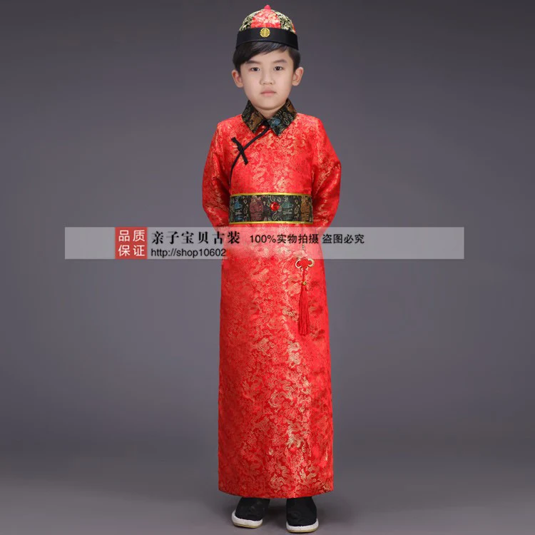 Китайский костюм для мальчика китайский малыш халат Hanfu одежда Детский костюм с Hat 100-160 см